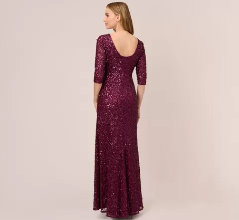 Adrianna Papell Scoop Back Sequin Gown With Three Quarter Sleeves In CABERNET Best