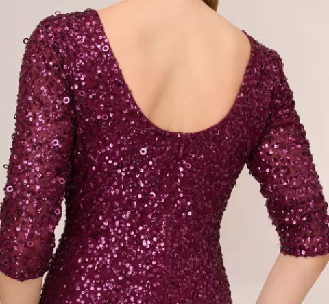 Adrianna Papell Scoop Back Sequin Gown With Three Quarter Sleeves In CABERNET Best