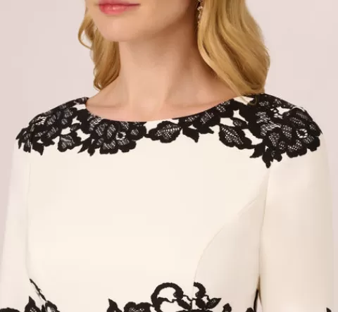 Adrianna Papell Scroll Lace Midi Dress With Three Quarter Sleeves In Ivory Black IVORY-BLACK Flash Sale