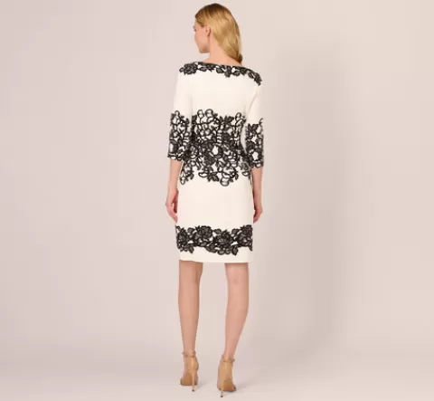 Adrianna Papell Scroll Lace Midi Dress With Three Quarter Sleeves In Ivory Black IVORY-BLACK Flash Sale