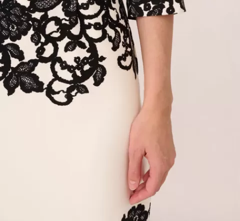 Adrianna Papell Scroll Lace Midi Dress With Three Quarter Sleeves In Ivory Black IVORY-BLACK Flash Sale