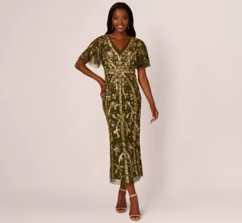 Adrianna Papell Sequin Beaded Ankle Length Dress With Flutter Sleeves In OLIVE Store