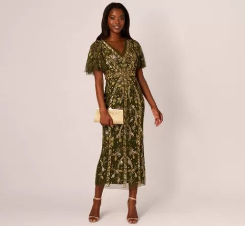 Adrianna Papell Sequin Beaded Ankle Length Dress With Flutter Sleeves In OLIVE Store