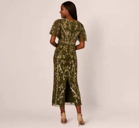 Adrianna Papell Sequin Beaded Ankle Length Dress With Flutter Sleeves In OLIVE Store