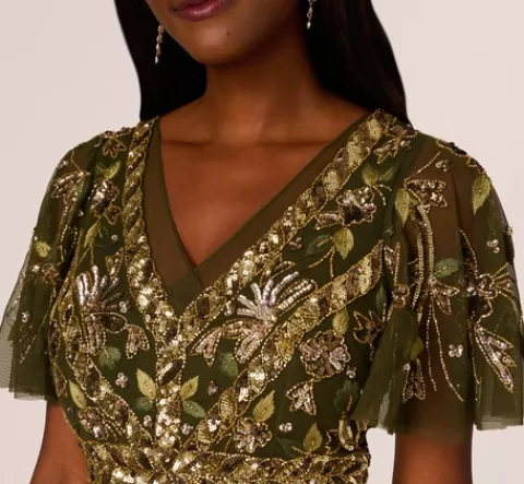 Adrianna Papell Sequin Beaded Ankle Length Dress With Flutter Sleeves In OLIVE Store