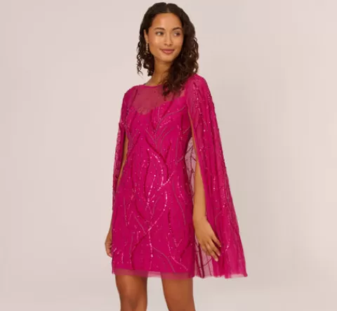 Adrianna Papell Sequin Beaded Cape Dress With Illusion Neckline In Hot Orchid HOTORCHID Online