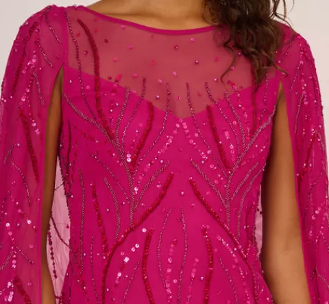 Adrianna Papell Sequin Beaded Cape Dress With Illusion Neckline In Hot Orchid HOTORCHID Online