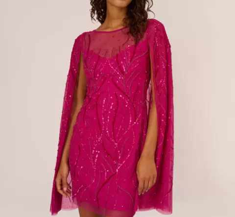 Adrianna Papell Sequin Beaded Cape Dress With Illusion Neckline In Hot Orchid HOTORCHID Online