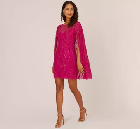 Adrianna Papell Sequin Beaded Cape Dress With Illusion Neckline In Hot Orchid HOTORCHID Online