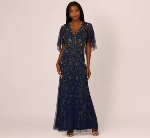 Adrianna Papell Sequin Beaded Gown With Sheer Cape Sleeves In Light Navy LIGHTNAVY Outlet