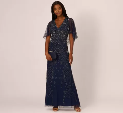 Adrianna Papell Sequin Beaded Gown With Sheer Cape Sleeves In Light Navy LIGHTNAVY Outlet
