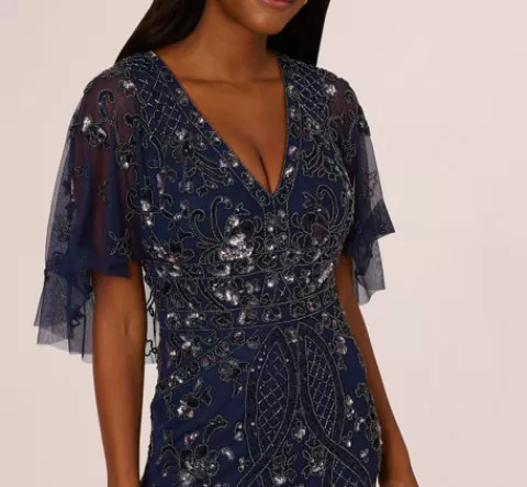 Adrianna Papell Sequin Beaded Gown With Sheer Cape Sleeves In Light Navy LIGHTNAVY Outlet