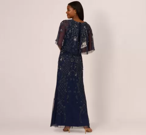 Adrianna Papell Sequin Beaded Gown With Sheer Cape Sleeves In Light Navy LIGHTNAVY Outlet