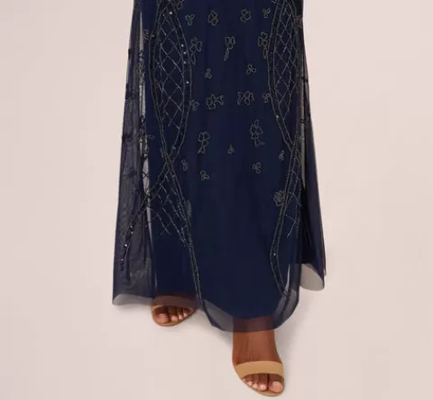 Adrianna Papell Sequin Beaded Gown With Sheer Cape Sleeves In Light Navy LIGHTNAVY Outlet