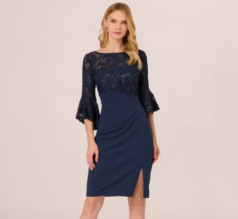 Adrianna Papell Sequin Floral Lace Dress With Sheer Bell Sleeves In NAVY Cheap