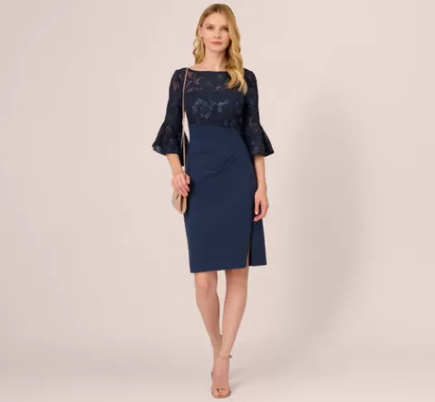 Adrianna Papell Sequin Floral Lace Dress With Sheer Bell Sleeves In NAVY Cheap