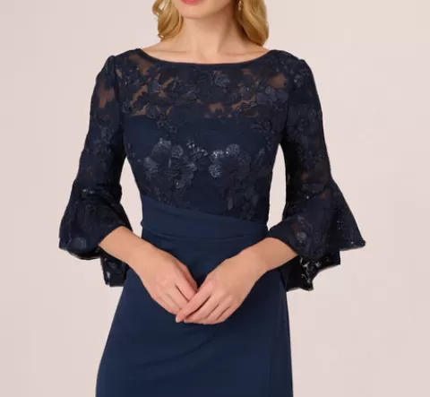 Adrianna Papell Sequin Floral Lace Dress With Sheer Bell Sleeves In NAVY Cheap
