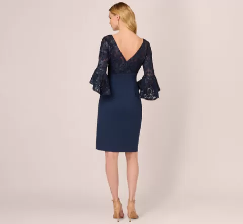 Adrianna Papell Sequin Floral Lace Dress With Sheer Bell Sleeves In NAVY Cheap