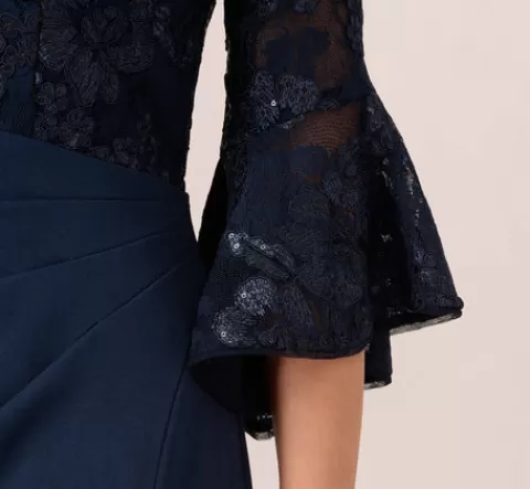 Adrianna Papell Sequin Floral Lace Dress With Sheer Bell Sleeves In NAVY Cheap