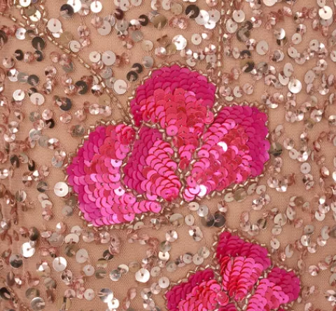Adrianna Papell Sequin Floral Trapeze Dress With Short Sleeves In Rosegold Hot Pink ROSEGOLD-HOTPINK Best