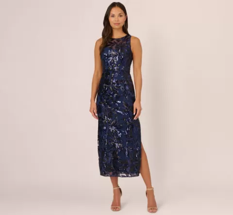 Adrianna Papell Sequin Leaf Halter Column Gown With Sheer Neckline In Navy Black NAVY-BLACK Sale