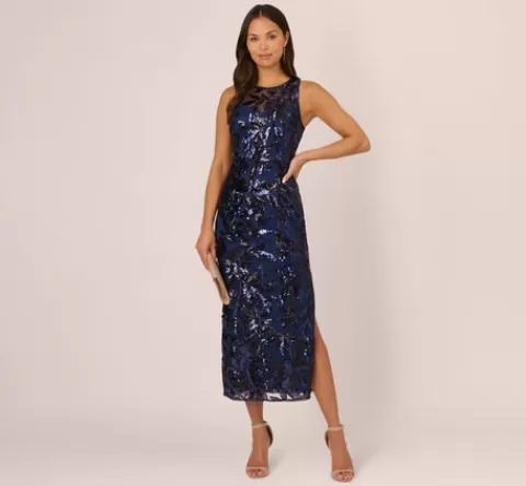Adrianna Papell Sequin Leaf Halter Column Gown With Sheer Neckline In Navy Black NAVY-BLACK Sale