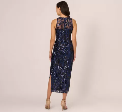 Adrianna Papell Sequin Leaf Halter Column Gown With Sheer Neckline In Navy Black NAVY-BLACK Sale