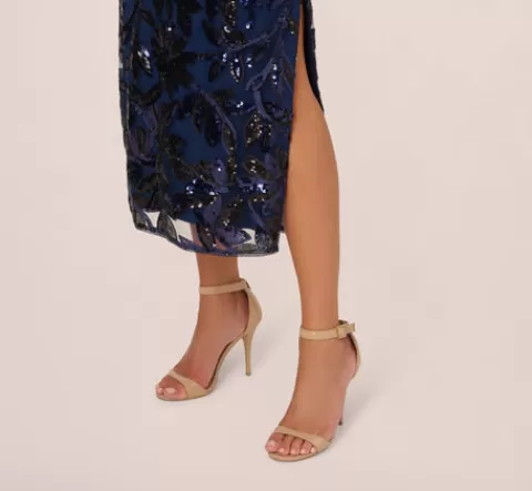 Adrianna Papell Sequin Leaf Halter Column Gown With Sheer Neckline In Navy Black NAVY-BLACK Sale