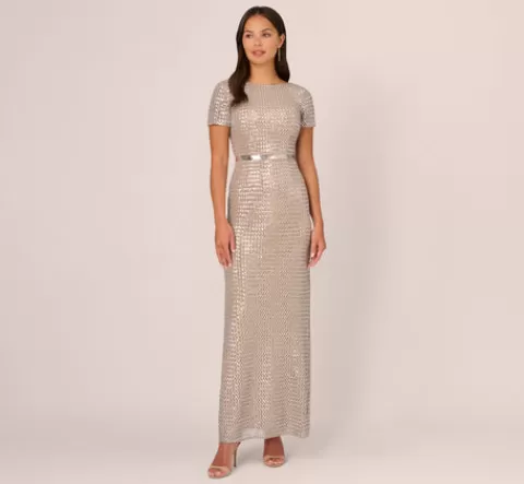 Adrianna Papell Sequin Short Sleeve Column Gown With Embellished Waist In Silver Nude SILVER-NUDE New