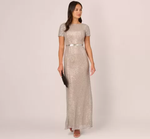 Adrianna Papell Sequin Short Sleeve Column Gown With Embellished Waist In Silver Nude SILVER-NUDE New
