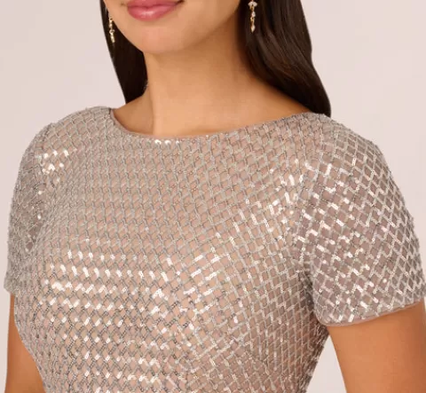 Adrianna Papell Sequin Short Sleeve Column Gown With Embellished Waist In Silver Nude SILVER-NUDE New