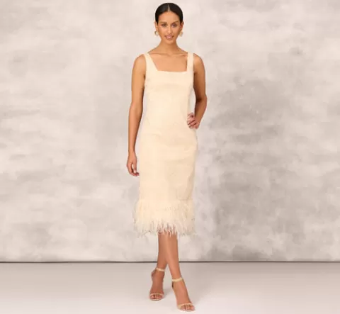Adrianna Papell Sequined And Embroidered Midi-Length Sheath Cocktail Dress With Feather Trim In CHAMPAGNE Flash Sale