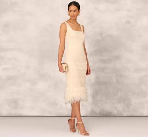 Adrianna Papell Sequined And Embroidered Midi-Length Sheath Cocktail Dress With Feather Trim In CHAMPAGNE Flash Sale