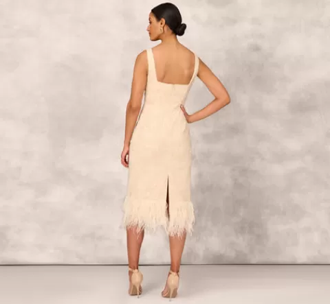 Adrianna Papell Sequined And Embroidered Midi-Length Sheath Cocktail Dress With Feather Trim In CHAMPAGNE Flash Sale