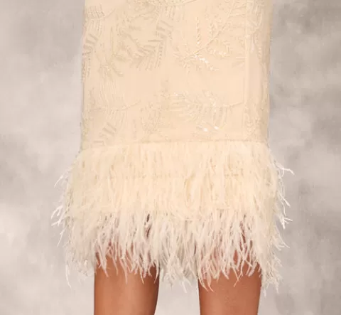 Adrianna Papell Sequined And Embroidered Midi-Length Sheath Cocktail Dress With Feather Trim In CHAMPAGNE Flash Sale
