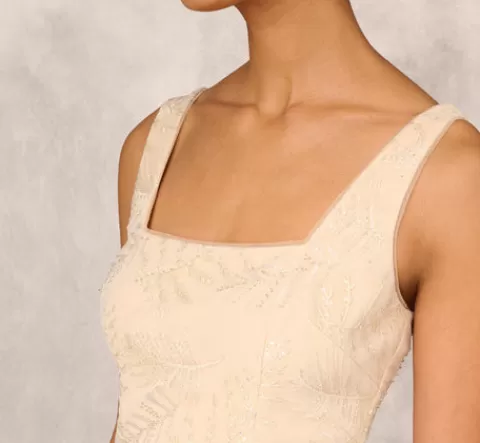 Adrianna Papell Sequined And Embroidered Midi-Length Sheath Cocktail Dress With Feather Trim In CHAMPAGNE Flash Sale