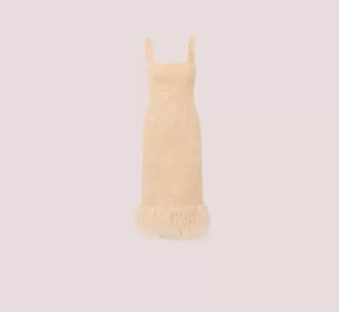 Adrianna Papell Sequined And Embroidered Midi-Length Sheath Cocktail Dress With Feather Trim In CHAMPAGNE Flash Sale