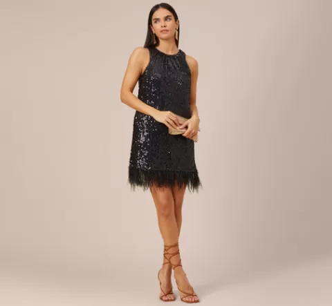 Adrianna Papell Sequined Trapeze Halter Dress With Feather Trim In BLACK Flash Sale