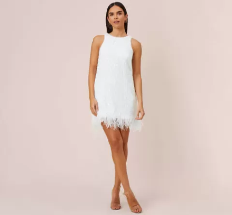 Adrianna Papell Sequined Trapeze Halter Dress With Feather Trim In IVORY Flash Sale