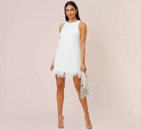 Adrianna Papell Sequined Trapeze Halter Dress With Feather Trim In IVORY Flash Sale