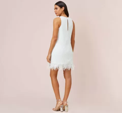 Adrianna Papell Sequined Trapeze Halter Dress With Feather Trim In IVORY Flash Sale