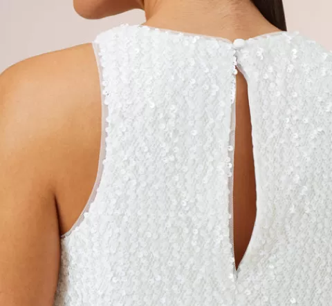 Adrianna Papell Sequined Trapeze Halter Dress With Feather Trim In IVORY Flash Sale