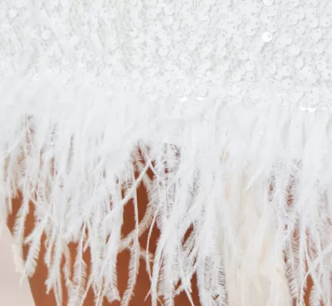 Adrianna Papell Sequined Trapeze Halter Dress With Feather Trim In IVORY Flash Sale