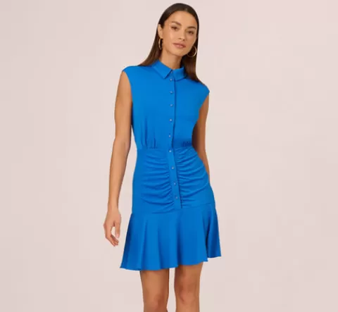 Adrianna Papell Shirred Button Down Jersey Dress With Cap Sleeves In INDIGO Online
