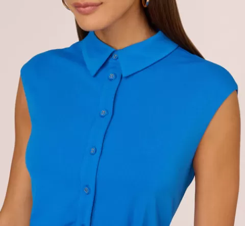 Adrianna Papell Shirred Button Down Jersey Dress With Cap Sleeves In INDIGO Online