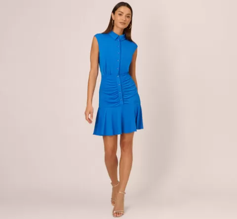 Adrianna Papell Shirred Button Down Jersey Dress With Cap Sleeves In INDIGO Online