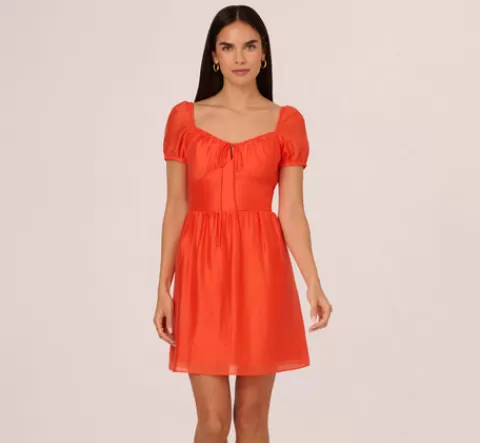 Adrianna Papell Shirred Fit And Flare Dress With Puff Short Sleeves In Orange Spice ORANGESPICE Best Sale