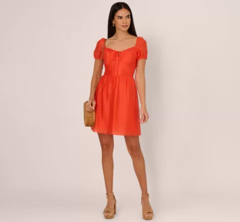 Adrianna Papell Shirred Fit And Flare Dress With Puff Short Sleeves In Orange Spice ORANGESPICE Best Sale