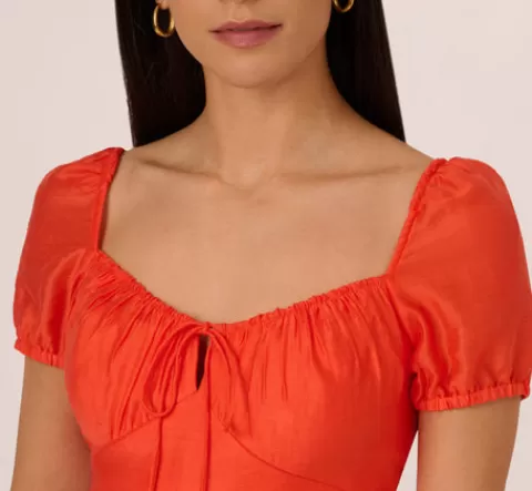Adrianna Papell Shirred Fit And Flare Dress With Puff Short Sleeves In Orange Spice ORANGESPICE Best Sale