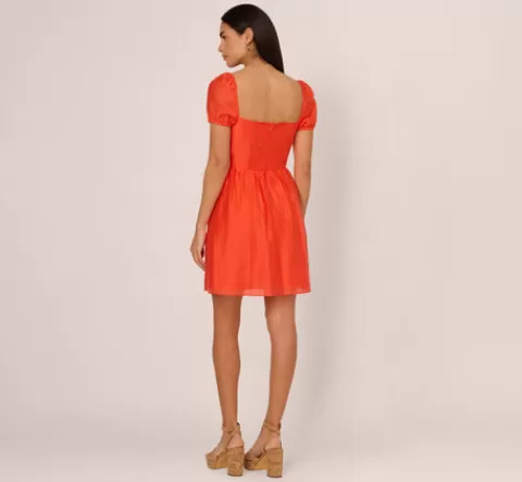 Adrianna Papell Shirred Fit And Flare Dress With Puff Short Sleeves In Orange Spice ORANGESPICE Best Sale